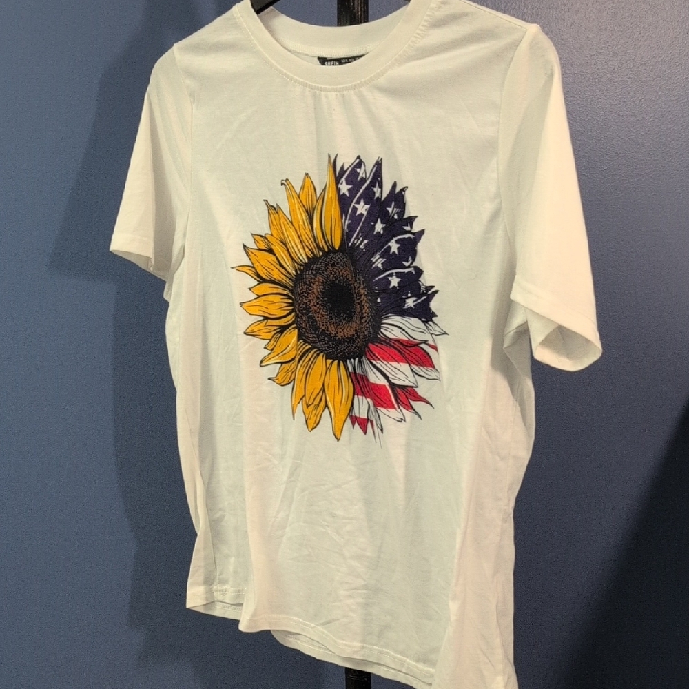 SHEIN White Tee with Sunflower and Flag Design